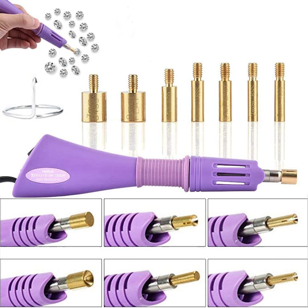 Hotfix Rhinestone Applicator, 7 in 1 Professional Iron-on DIY Hot Fix Tool Rhinestone Setter Applicator Wand Crystal Gem Tool Kit with 7 Different Sizes Tips and Support Stand (Purple)