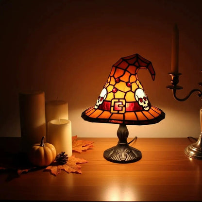 MYSNKU Halloween Ambiance Lamp – Handcrafted Stained Gothic Wizard Hat Night Light Reading Book Lamp, Suitable for Indoor Party & Spooky Outdoor Halloween Decoration, with USB Plug (A Yellow)