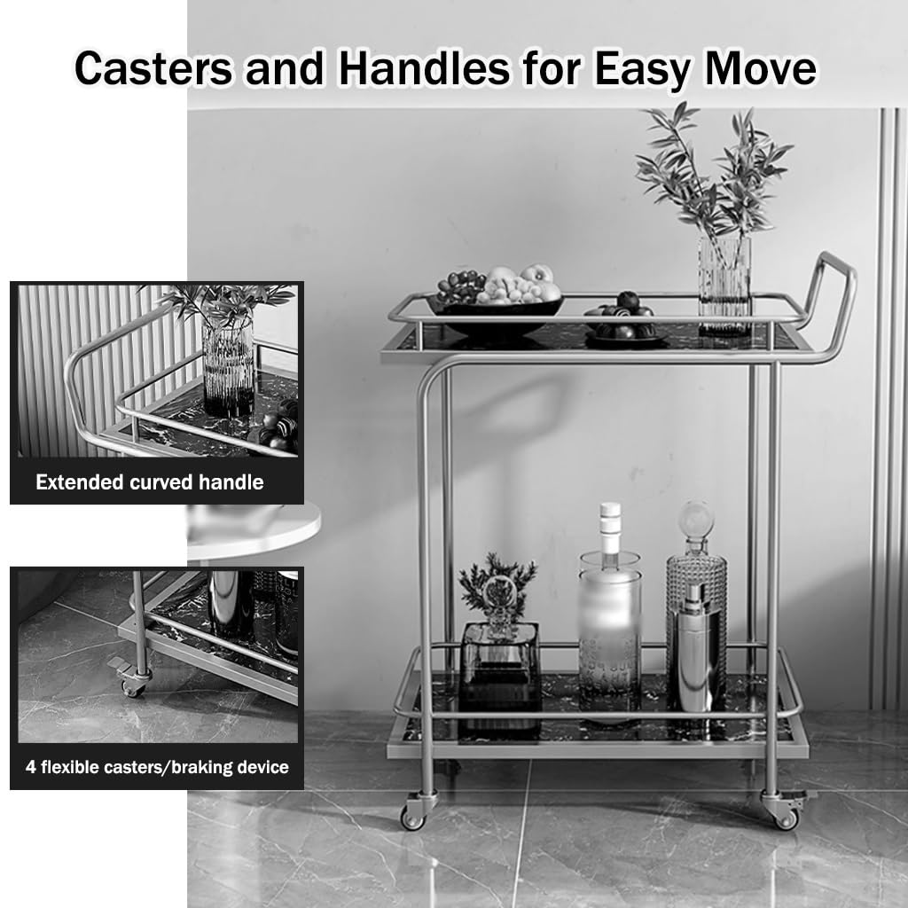 FGQuelleBM Commercial 2/3-Tier Serving Cart with Handles, Rectangular Beverage Cart with Brake Wheels, Marble-Pattern Top & Fence for Cakes(Gold White A)