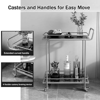 FGQuelleBM Commercial 2/3-Tier Serving Cart with Handles, Rectangular Beverage Cart with Brake Wheels, Marble-Pattern Top & Fence for Cakes(Gold White A)