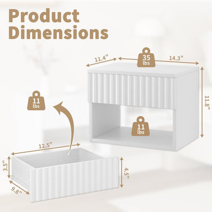 AURINEST Floating Nightstand Set of 2, Modern Wall Mounted Bedside Tables with Fluted Drawer, Night Stand Small End Table with Open Storage Shelf for Bedroom, Living Room, Small Spaces, White