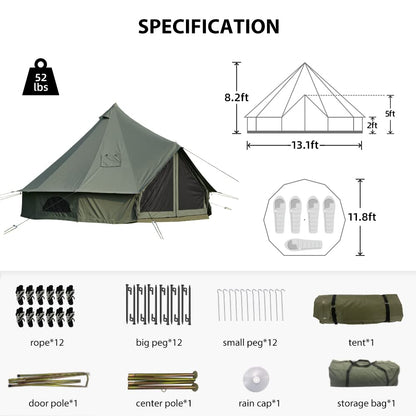 WaldZimmer Canvas Bell Tent 13.1ft Green with Pre-Cut Stove Jack, Spacious 4m Family Yurt Tent for 4-5 Person, 4 Season Water-Repellent Tents with Zipped Removable Floor for Camping and Glamping