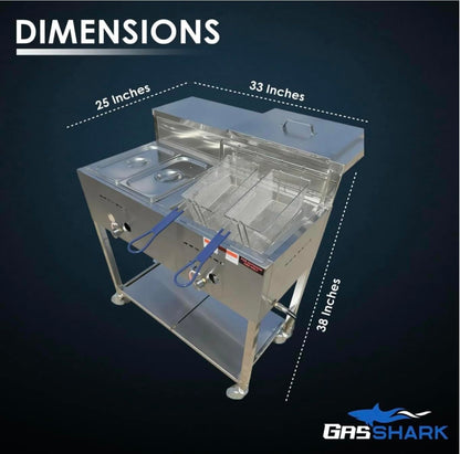 Deep Fryer Cart | 3 Gallon Single Tank | 2 Frying Baskets | 2 Pan Steam Table | Portable 4 Wheel | Stainless Steel | Frying Thermometer | Outdoor Propane Fryer for Chicken, Fish, & More