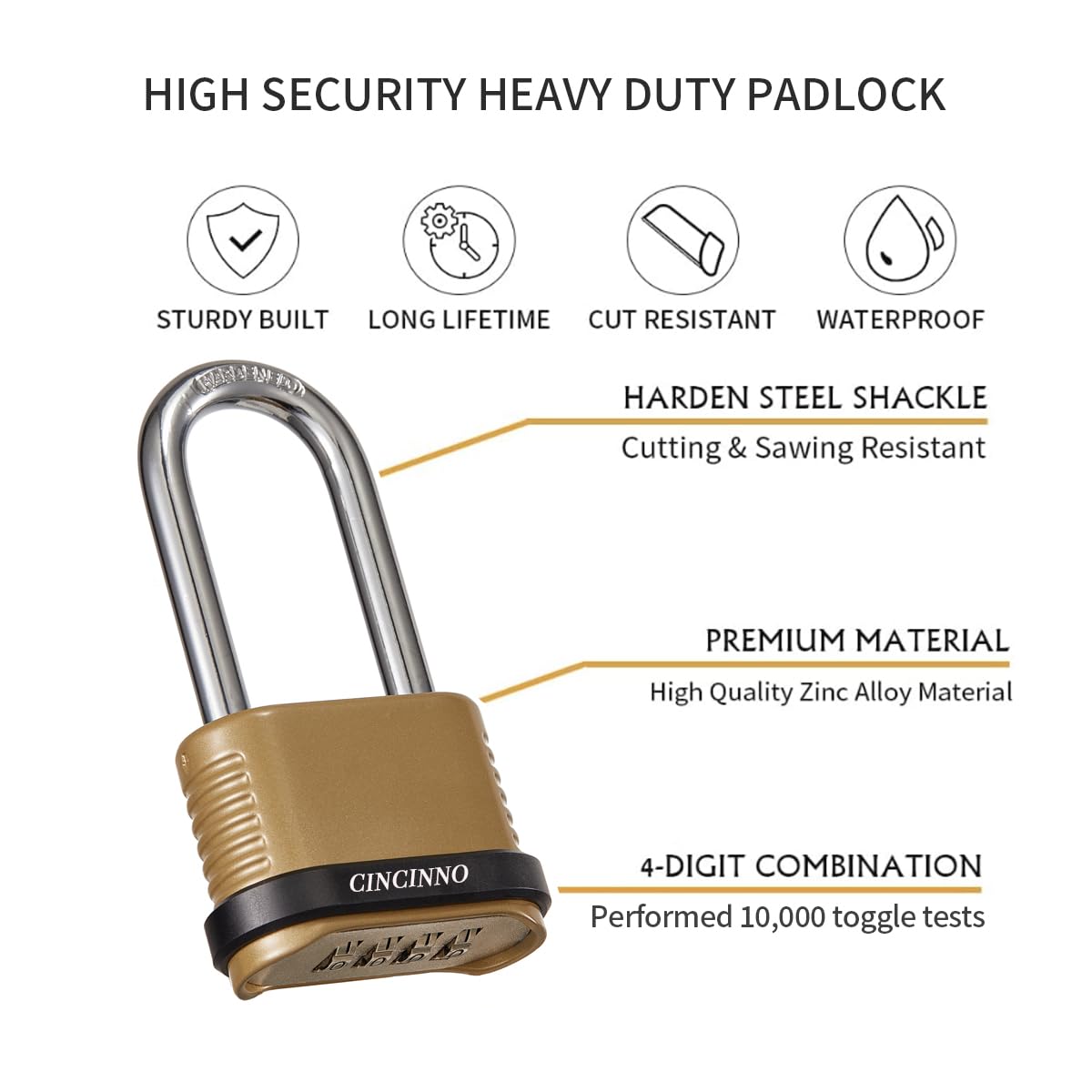 CINCINNO 4 Digit Combination Lock, Heavy Duty Combo Padlock with Long Shackle for Outdoor Use,Sheds, Locker, Storage Unit, Gym and Gate