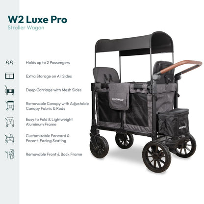 WonderFold W2 Luxe Pro Stroller Wagon - Collapsible Stroller Wagon with Aluminum Frame - Adjustable Canopy & Push Handle - XL All-Terrain Wheels - for Babies, Toddlers & Kids - 2 Seater - Gray