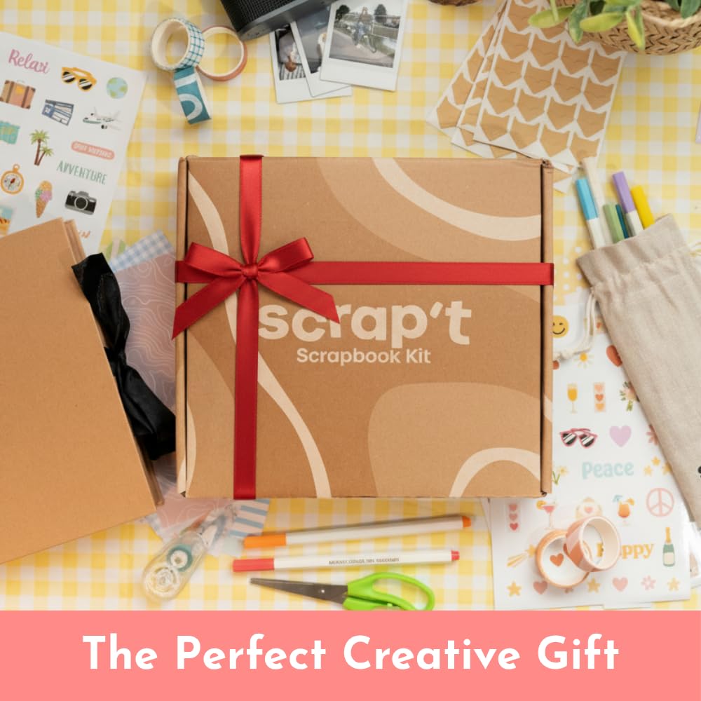 Scrapbook Kit - 80 Page Photo Album DIY Scrapbook - Holds 300+ Photos, with Metallic Pens, 150+ Stickers, Glue Pen, Washi Tapes, Backing Paper, Photo Corner Stickers (Starter Kit - 8 x 8 Inch, Kraft)