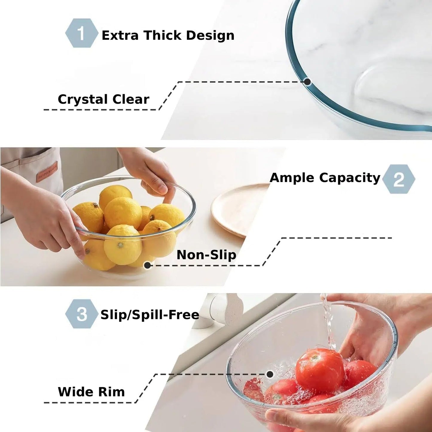 5pc Glass Mixing Bowls Sets (4.65QT, 2.80QT, 1.64QT, 1.16QT, 0.85QT), Glass Nesting Kitchen Thick Bowl for Baking, Cooking Prep, Storage, Large Salad Bowls Sets-Dishwasher Microwave Freezer Safe