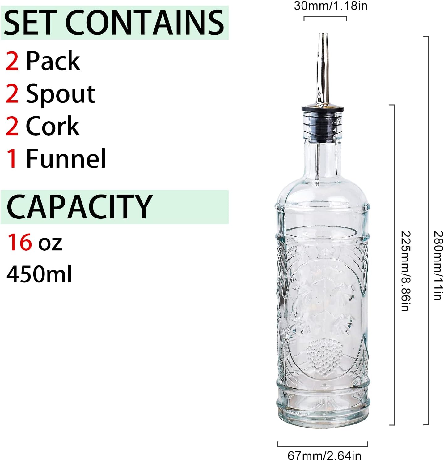 2 Pack Set 16oz, eleganttime Glass Oil and Vinegar Dispenser Superior Leakproof Olive Oil Dispenser Bottle Strong