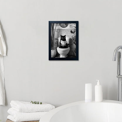 Skiennix Black Cat Bathroom Wall Art - Humorous Framed Canvas Print | Small Size, Black & White Design