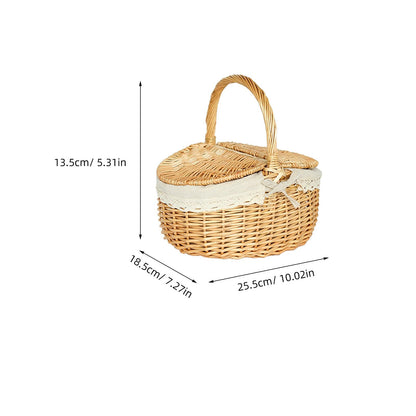 Mipcase Wicker Picnic Basket with Lid and Handle: Vintage Woven Storage Basket with Washable Lining for Flowers Vegetables Fruits, 10.02X7.27X5.31in