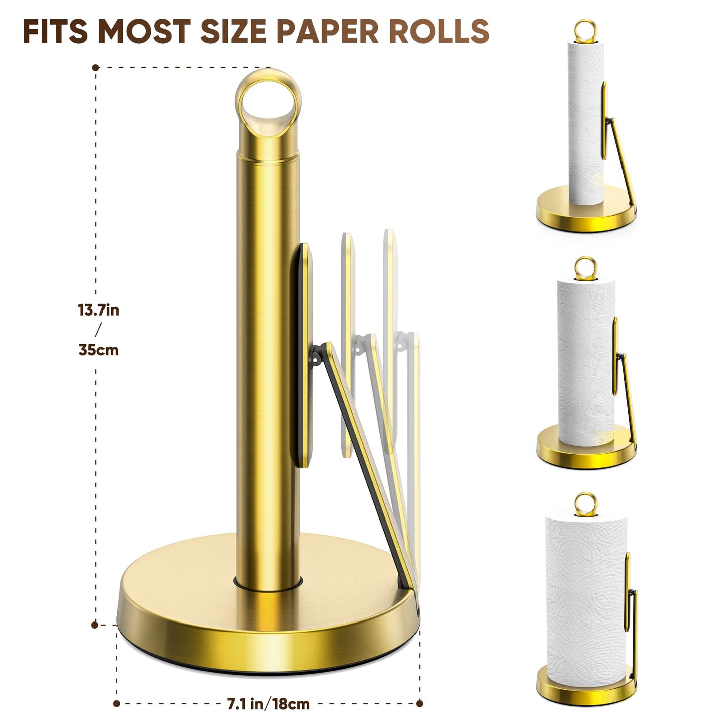 theaoo Heavy-Duty Stainless Steel Paper Towel Holder with Tension Arm – Easy One-Handed Tear, Modern Standing Countertop Dispenser for Kitchen, Holds All Paper Towel Rolls (1, Gold)