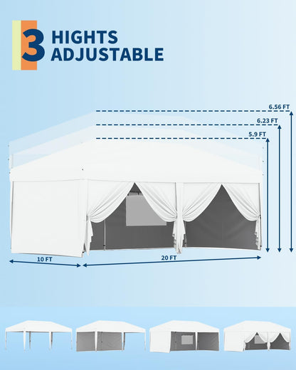 GarveeHome 10x20Ft Pop Up Canopy Tent, One Push Setup Beach Tent, Outdoor Canopy with 6 Sidewalls & Sandbags, Adjustable Height, Waterproof, Sun Shelter for Events, Camping, Backyard (White)