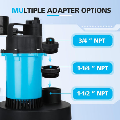 LEO Sump Pump Submersible Vertical Float Switch Automatic Utility Pumps for Clean/Dirty Water Pump Thermal Protector for Basement Pool Draining, Sky Blue