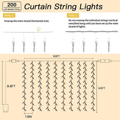 200 LED Curtain String Lights - Waterproof Fairy Lights with Timer & 8 Modes | 9.8 x 6.6FT for Indoor/Outdoor Decor