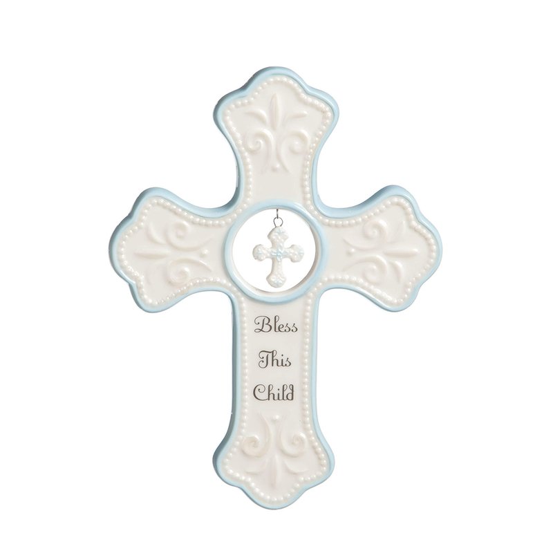 DEMDACO Bless This Child Wall Cross - Blessing Cross for Baby - Faith Nursery Decor - Gift for Newborn - Religious Christian Wall Hanging - Porcelain - Gift Box Packaging - Blue