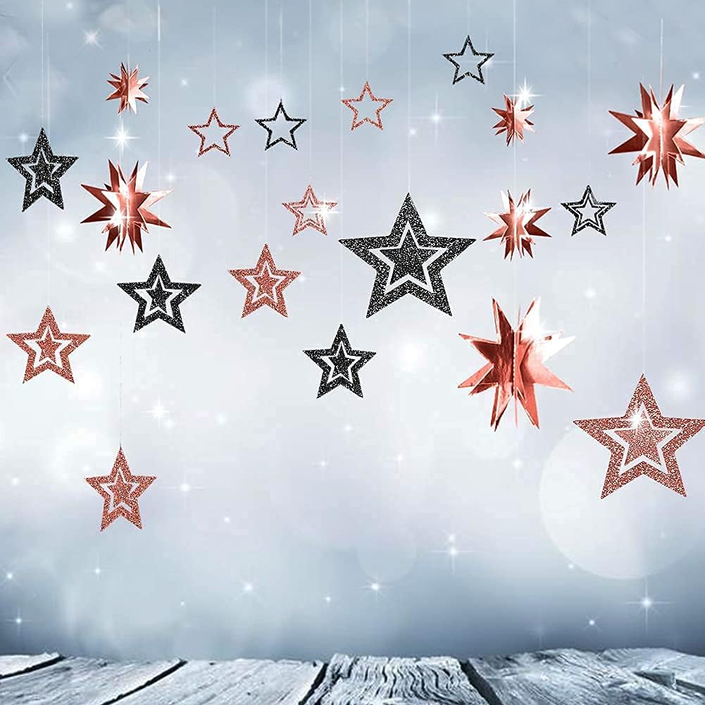 Decor365 Glitter Black Rose Gold Star Garland Twinkle Little Star Party Decoration Hanging Decor Backdrop Banner