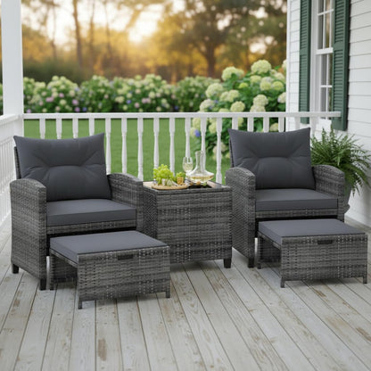 Tangkula 5 Pieces Patio Conversation Set, PE Wicker Rattan Outdoor Furniture Set with 2 Chairs, 2 Ottomans & Tempered Glass Coffee Table, Ideal for Poolside, Backyard, Lawn, Deck, Grey