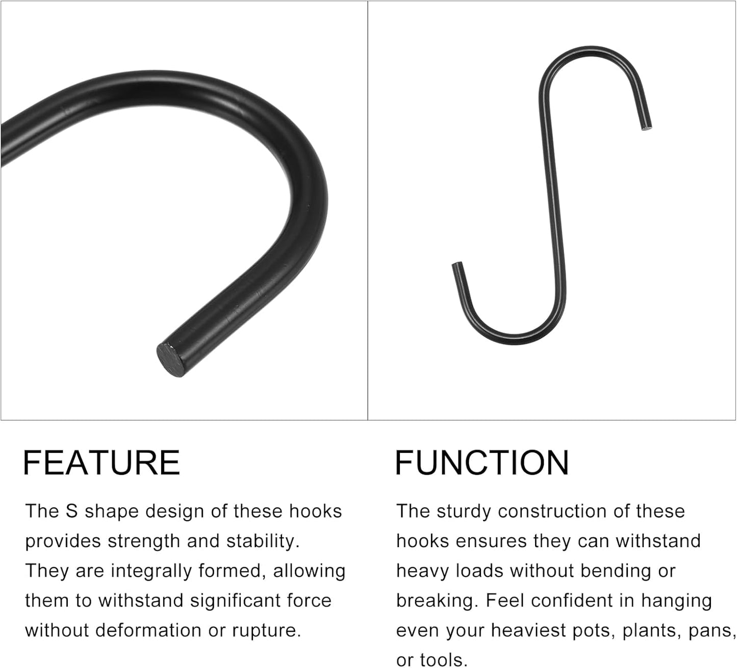 METALLIXITY S Hooks for Hanging (110mm/4), 2Pcs Carbon Steel Extra Long S Shaped Hangers for Plants, Kitchenware, Black