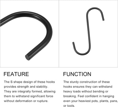 METALLIXITY S Hooks for Hanging (110mm/4), 2Pcs Carbon Steel Extra Long S Shaped Hangers for Plants, Kitchenware, Black