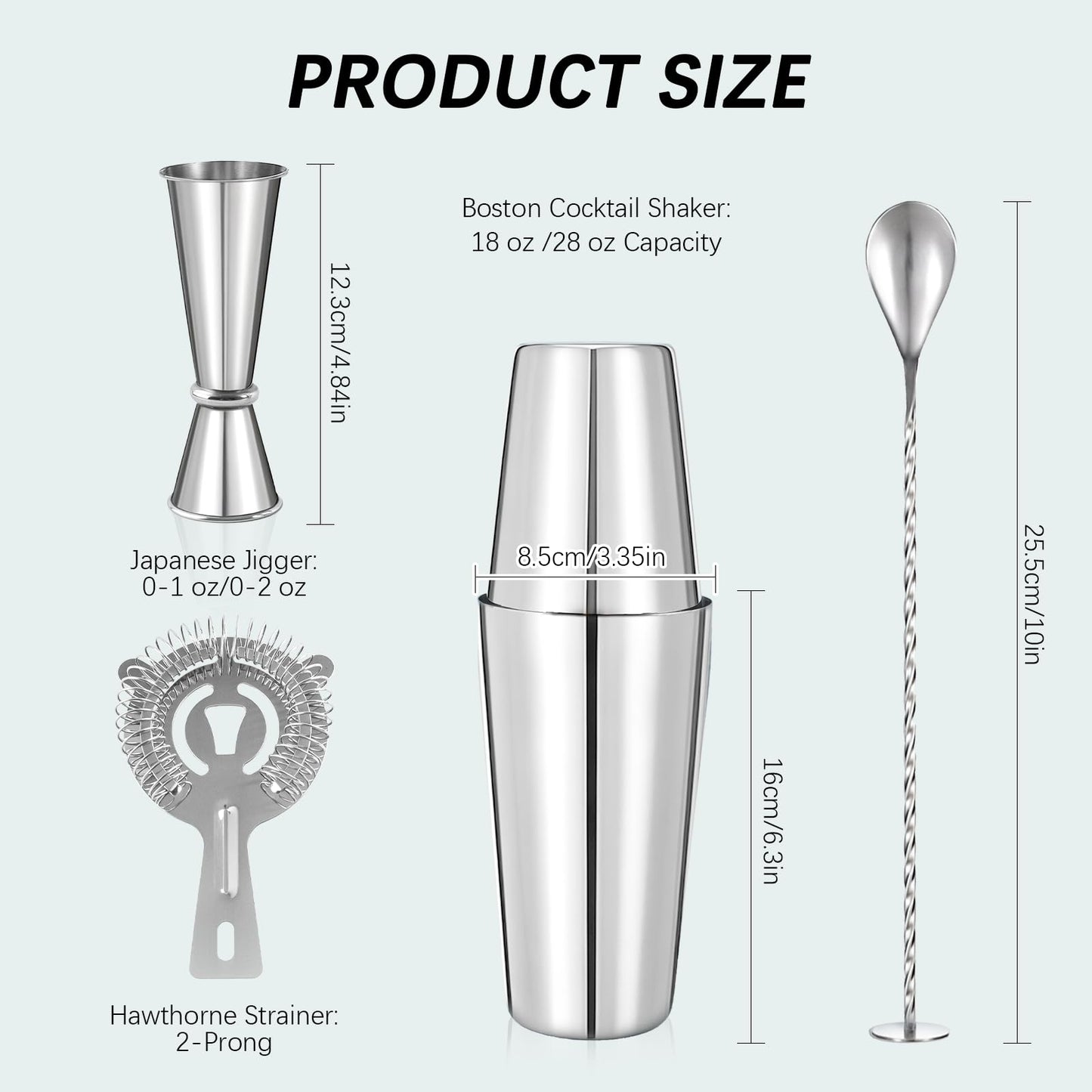 Professional Cocktail Shaker, Professional 5-Piece Bartender Kit with Boston Shaker, Hawthorne Strainer, Double Measuring Cocktail Jigger, and 10-inch Mixing Spoon, Stainless Steel Martini Shakers