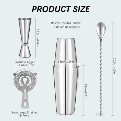 Professional Cocktail Shaker, Professional 5-Piece Bartender Kit with Boston Shaker, Hawthorne Strainer, Double Measuring Cocktail Jigger, and 10-inch Mixing Spoon, Stainless Steel Martini Shakers