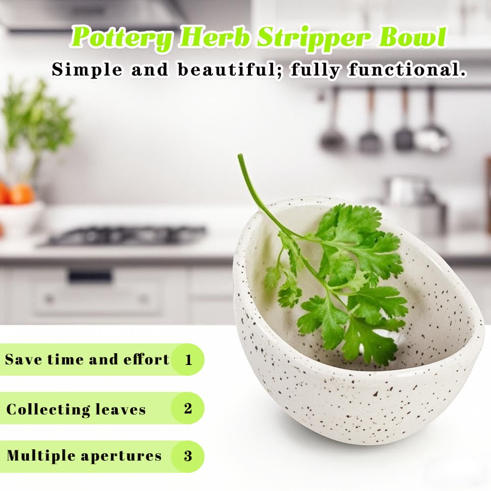 NYXTOB Pottery Herb Stripper Bowl, Ceramic Herb Stripper, handmade, different sizes of round holes, kitchenware for root removal (WHITE, 1)