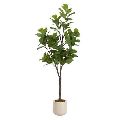 Kate and Laurel Fidmont Faux Fiddle Fig Tree with Jia Curved Planter Pot, 6 FT, Cream, Potted Artificial Tree Indoor with Realistic Foliage and Added Moss, Fake Plant for Living Room Decor
