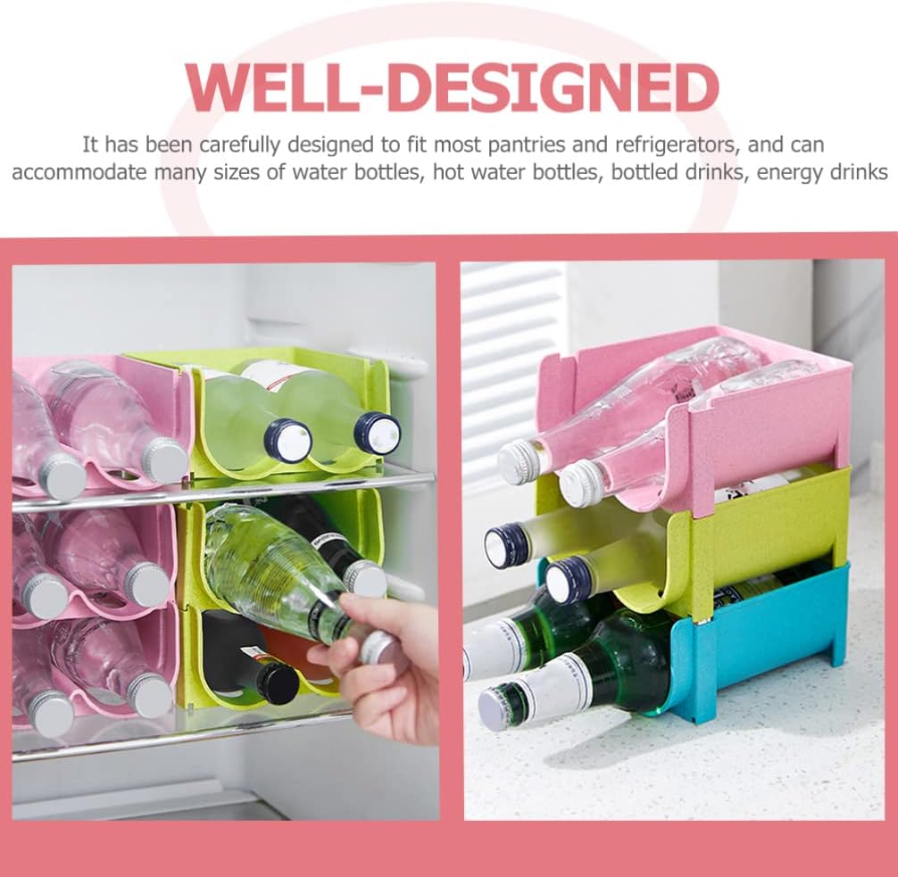 Hemoton Refrigerator Bottle Rack, 3pcs Stackable Plastic Wine and Water Bottle Organizer for Pantry Countertop