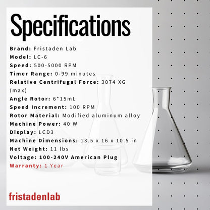 Fristaden Lab Centrifuge | for PRP and PRF | USA Company | 500-5000 RPM | 6 x 15 mL
