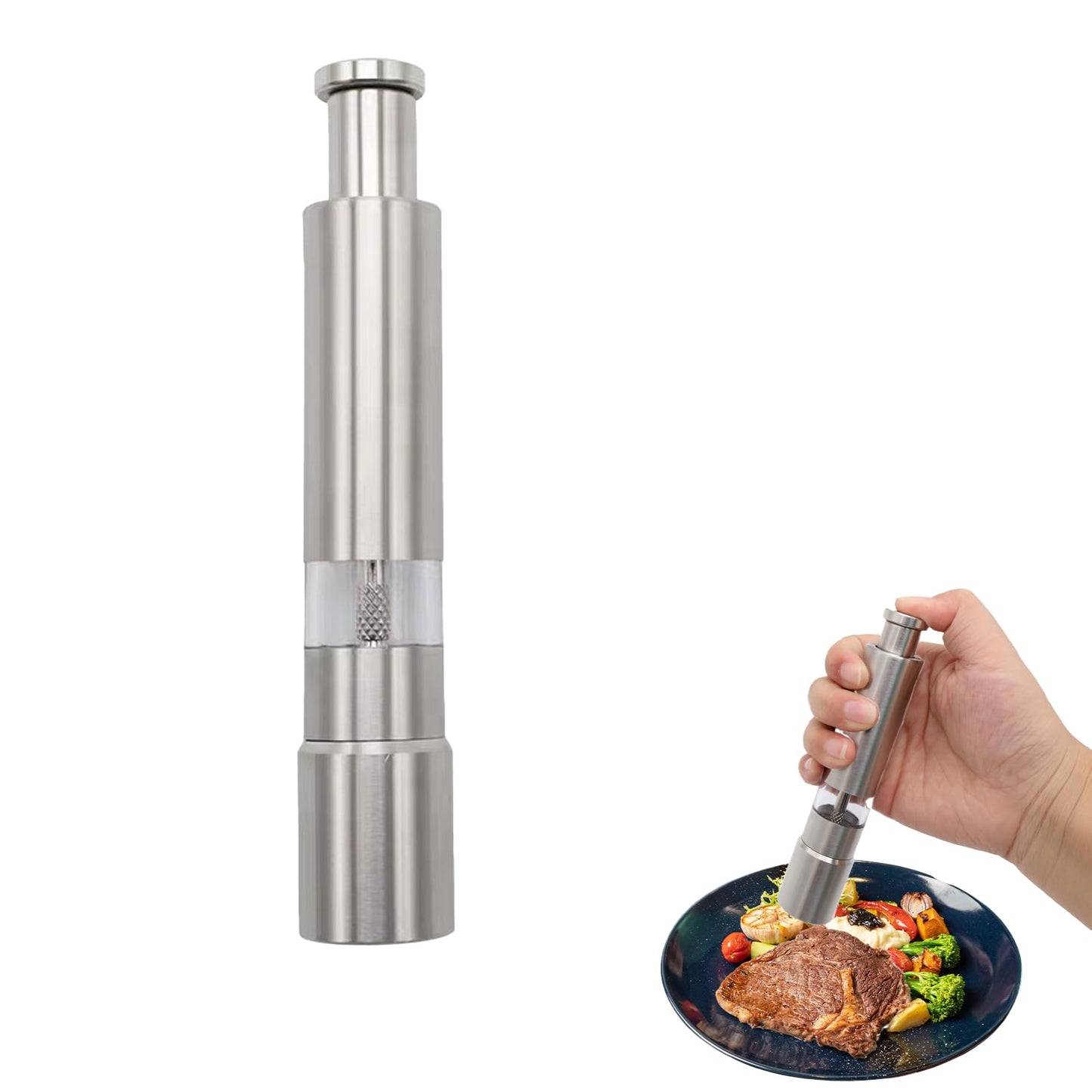 1 Pcs Salt And Pepper Grinder,Modern Thumb Stainless Steel Push Button Salt And Pepper Grinder,For Black Pepper, Sea Salt And Himalayan Salt, Spice And Salt(Silver)