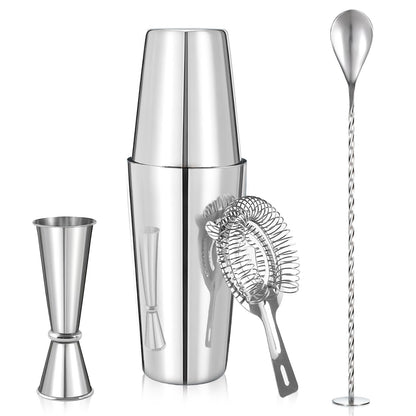 Professional Cocktail Shaker, Professional 5-Piece Bartender Kit with Boston Shaker, Hawthorne Strainer, Double Measuring Cocktail Jigger, and 10-inch Mixing Spoon, Stainless Steel Martini Shakers