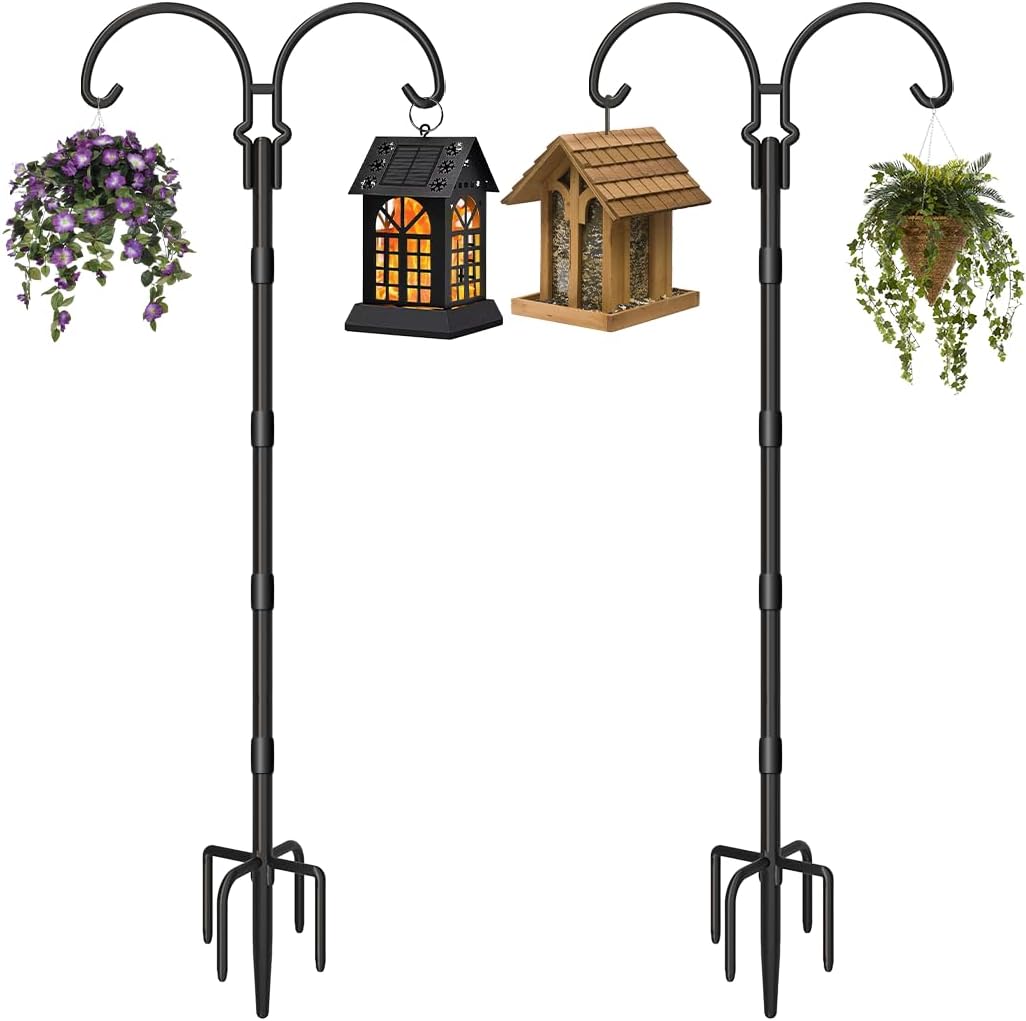 76 Inch 5 Hummingbird 2 Adjustable Double Shepherds Hooks for Outdoor with Sleeve, Heavy Duty Bird Feeder Pole Stand