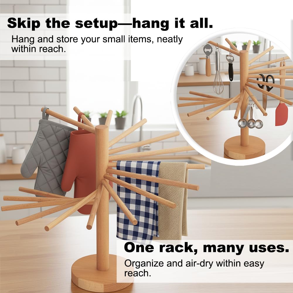 Beech Wood Pasta Drying Rack, 16 Rods – Natural Wooden Spaghetti Rack, Easy Assembly, Display-Worthy Kitchen Stand