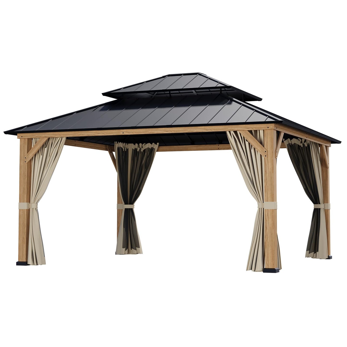 INTER HUT 13x15 Hardtop Gazebo with Netting and Curtains, Galvanized Steel Double Roof Outdoor Pavilion with Cedar Wood Frame, Patio Gazebo for Deck, Garden, Lawn, Natural Wood/Black