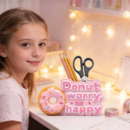 ZAWUU Donut Shaped Organizer - Cute Pink Resin Donut Worry, Be Happy Multi-Use Holder for Pens, Makeup Brushes, Utensils, and More – Perfect Desk or Kitchen Accessory Gift