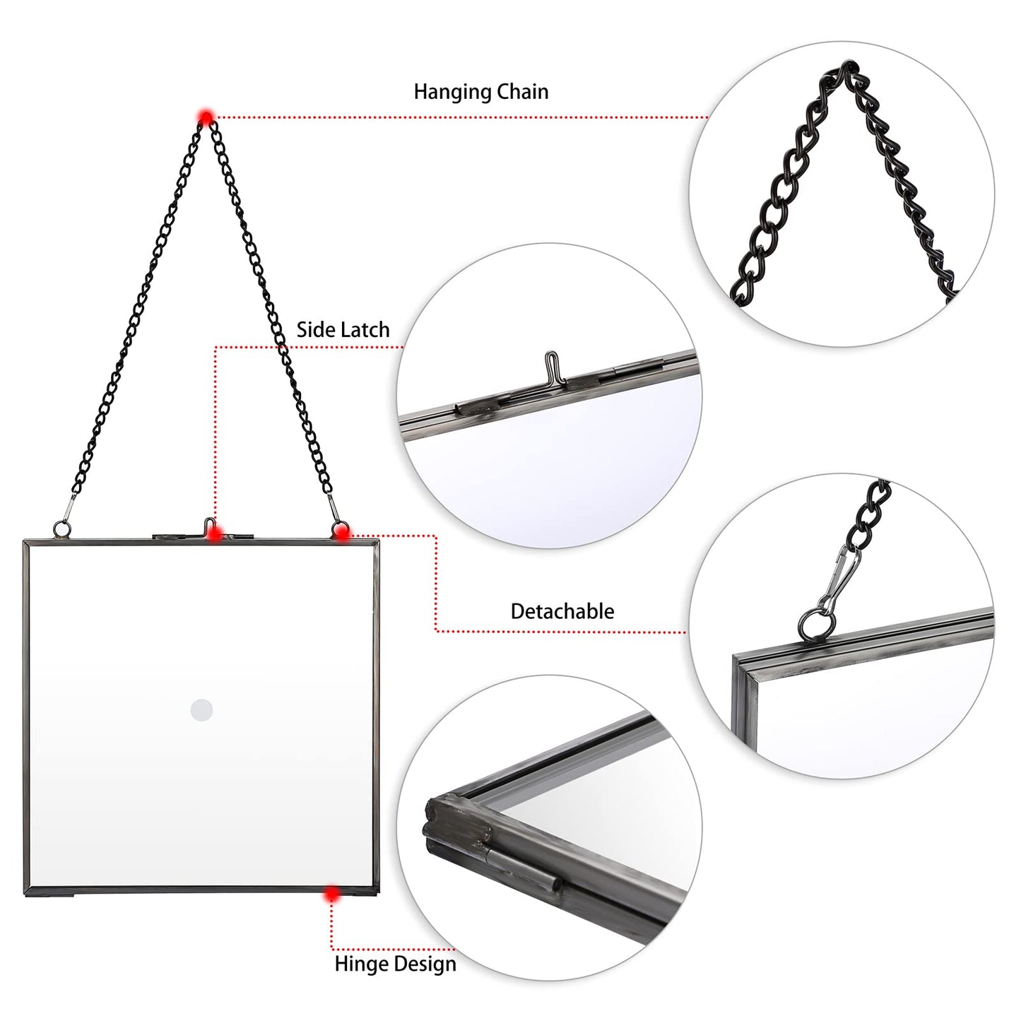 JUXYES 2 Pack Square Wall Hanging Brass Frames for Pressed Flowers, Double Glass Hanging Picture Artwork Display Frame, Black Floating Style Gallery Wall Frame for Picture, Poster, etc