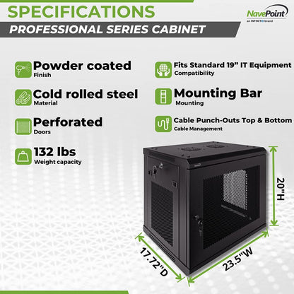 NavePoint 9U Server Rack Enclosure - 17.7” Deep, Wall Mount Network Cabinet with Locking Perforated Door, 19” IT Equipment Compatible, Network Rack, Removable Side Panels, Black
