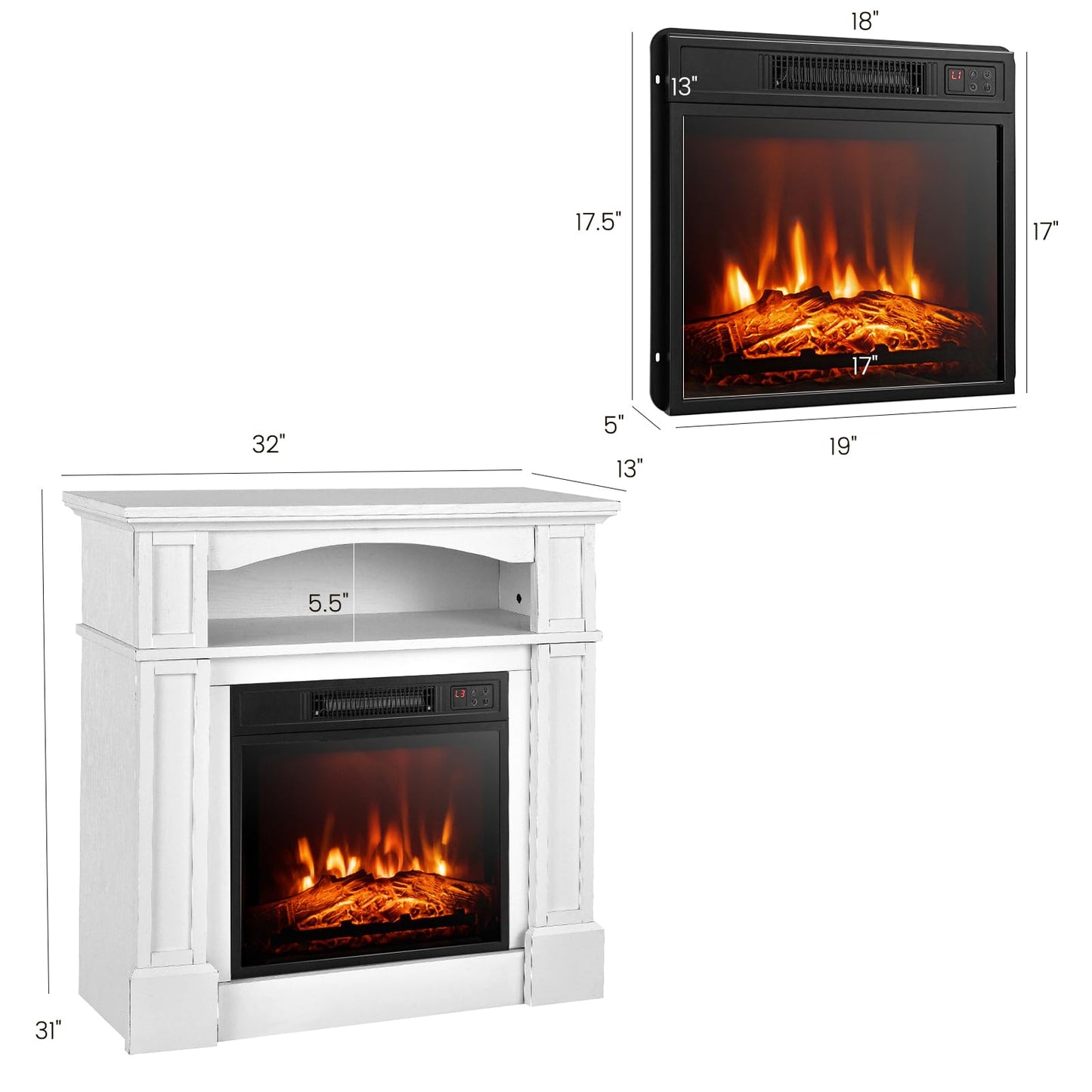 Tangkula Electric Fireplace Mantel, Freestanding Wooden Surround Firebox with 1400W Fireplace Heater, Remote Control, Thermostat, 3D Flame Effect, 6H Timer, Overheat Protection