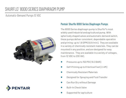 PENTAIR SHURFLO 8000-543-236 Diaphragm Pump, 12VDC Automatic Demand Water Pump, 1.8 GPM 50 PSI Agricultural Sprayer Pump, Chemical Resistant Transfer Pump for Irrigation, Lawn, Farm and Spray Systems