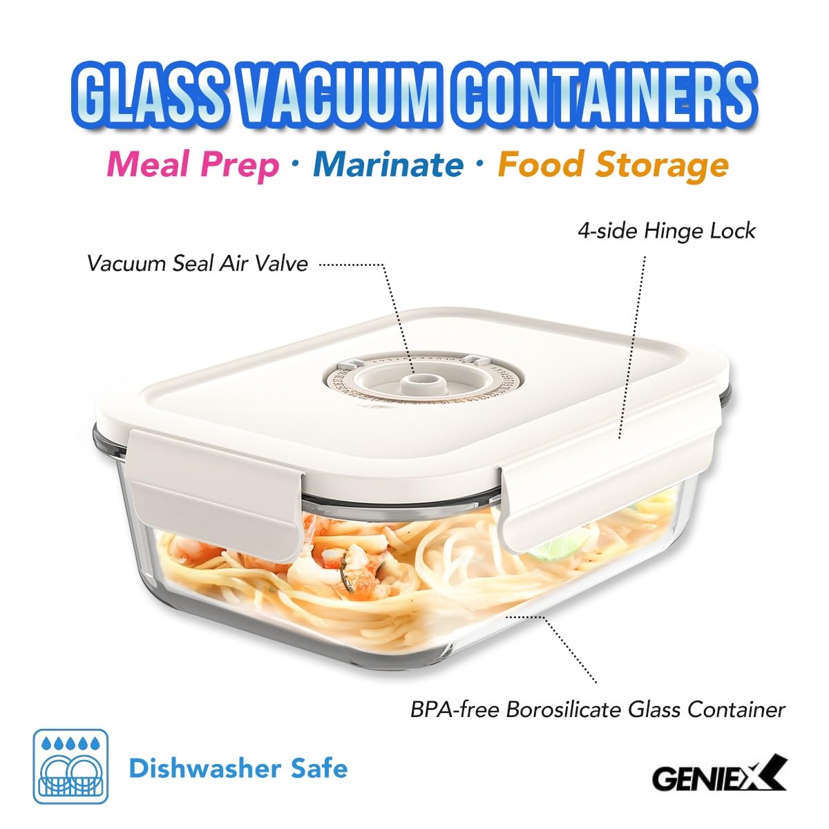 GENIEX Glass Vacuum Seal Containers for Food Storage 3pcs set [Small + Medium + Large] | Work with Handheld Vacuum Sealer Machine