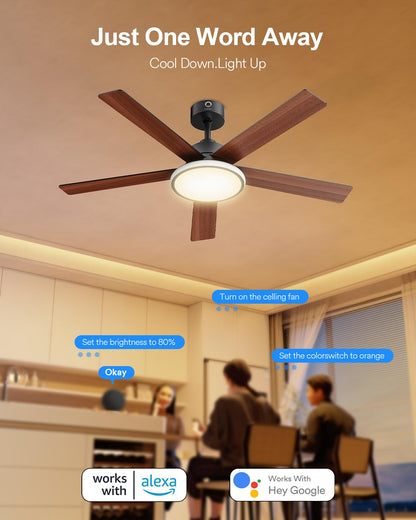 Lumary 52'' Smart Ceiling Fan with RGBAI Lights Remote, WiFi Bluetooth Low Profile Ceiling Fan with Alexa Google App, Dimmable & Color Tuning, 46 Scene, Modern Flush Mount for Bedroom Living Room