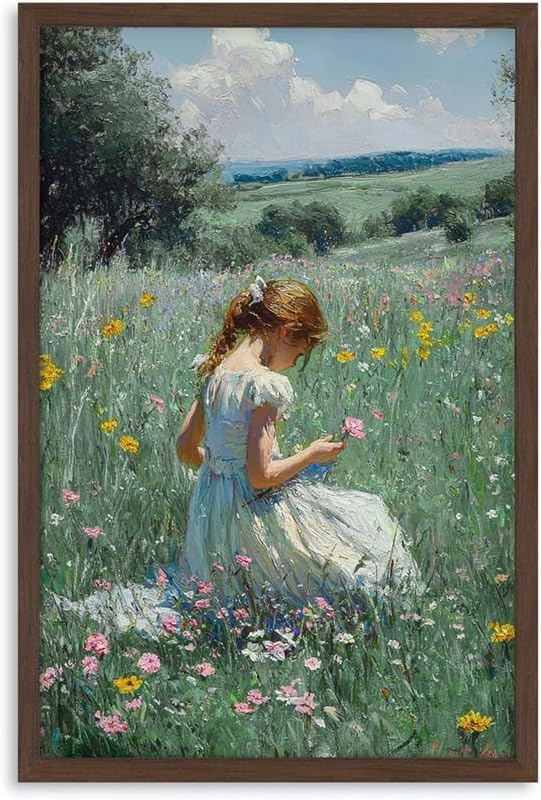 16x24 Inches Framed Girl in Wildflower Meadow Wall Art Impressionist Oil Painting Print on Canvas, Pastoral Nature