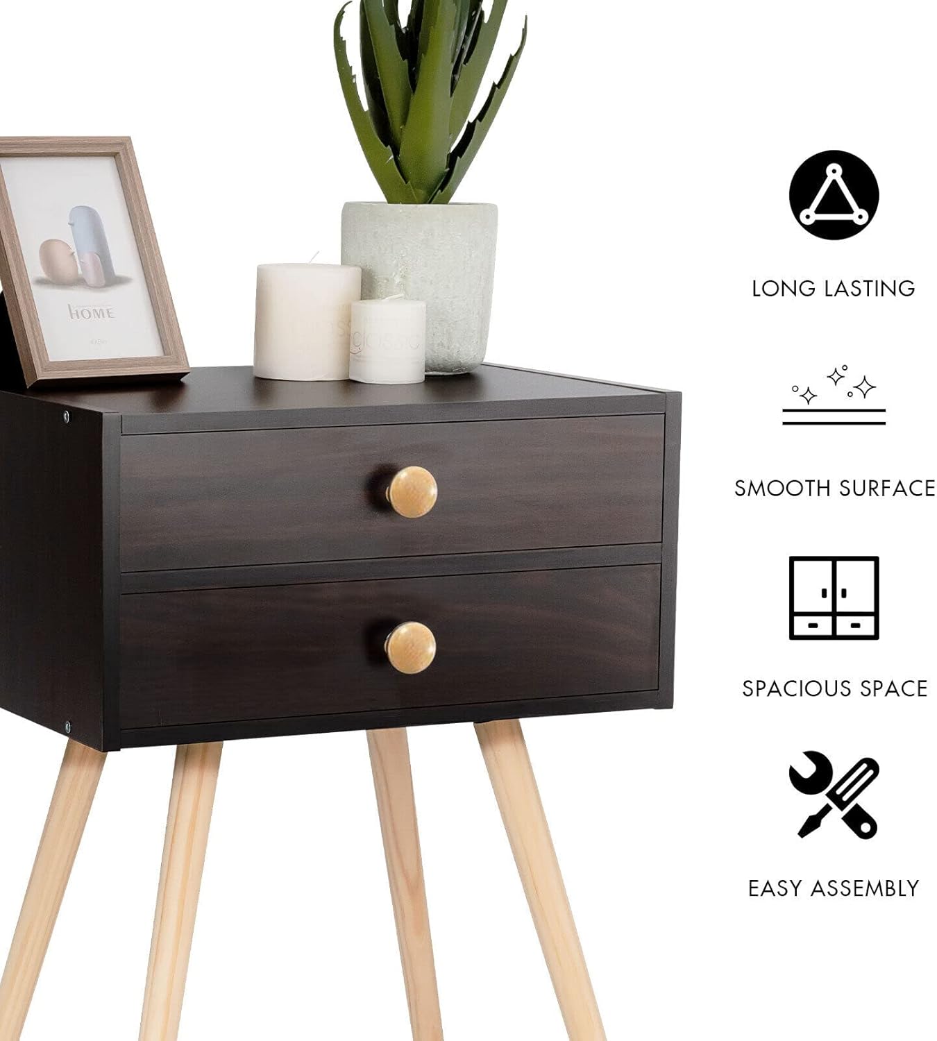 2-Drawer 4 Giantex Mid Century Modern Nightstand, Bedside Tables with Solid Wood Legs, Night Stand for Small Spaces