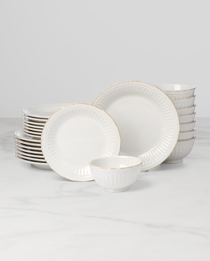 Lenox Dinnerware Sets, French Perle Groove White 24-Piece Dinnerware Set, Service For 8, Stoneware, Dishwasher Safe, Microwave Safe, Bowls, Plates And Bowls, Dinner Dishes, Plates (White, 24 Piece)