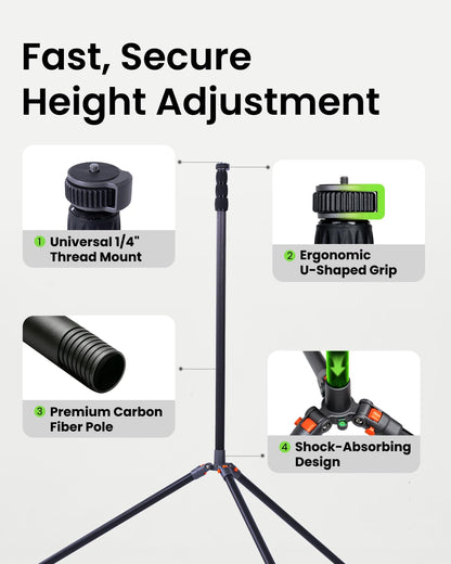 XbotGo NT4 PRO Carbon Fiber Tripod - Professional 12.8ft / 3.9m Extra Tall Sport Camera Stand with Air-Cushioned Center Column, Steady Horseshoe Foot Pads for Game Recording, Seamlessly Fits Falcon