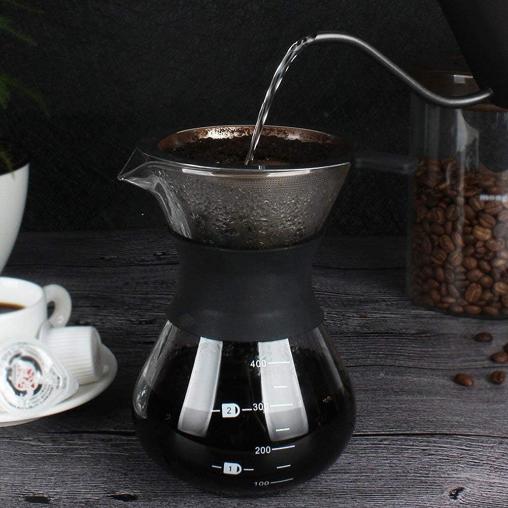 Pour Over Coffee Maker with Stainless Steel Filter, Reusable Glass Coffee Pot Manual Dripper, No Paper Filters