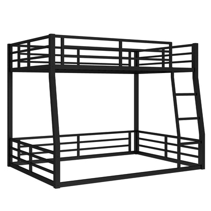 Full XL Over Queen Bunk Bed Frame with Noise Reduced Design, Heavy Buty Floor Bunk Bed Full XL Over Queen Bunk Beds with Build in Ladder for Adults, Teens(Black Floor Bunk Bed)