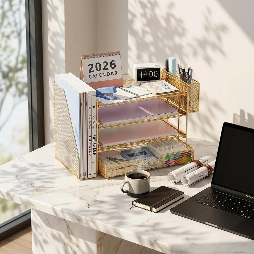 OPNICE Desk Organizers and Accessories, 4-Tier Office Desk Accessories & Workspace Organizers with Drawer and Pen Holder, Desktop Paper Tray File Organizer for Home Office Supplies, Gold