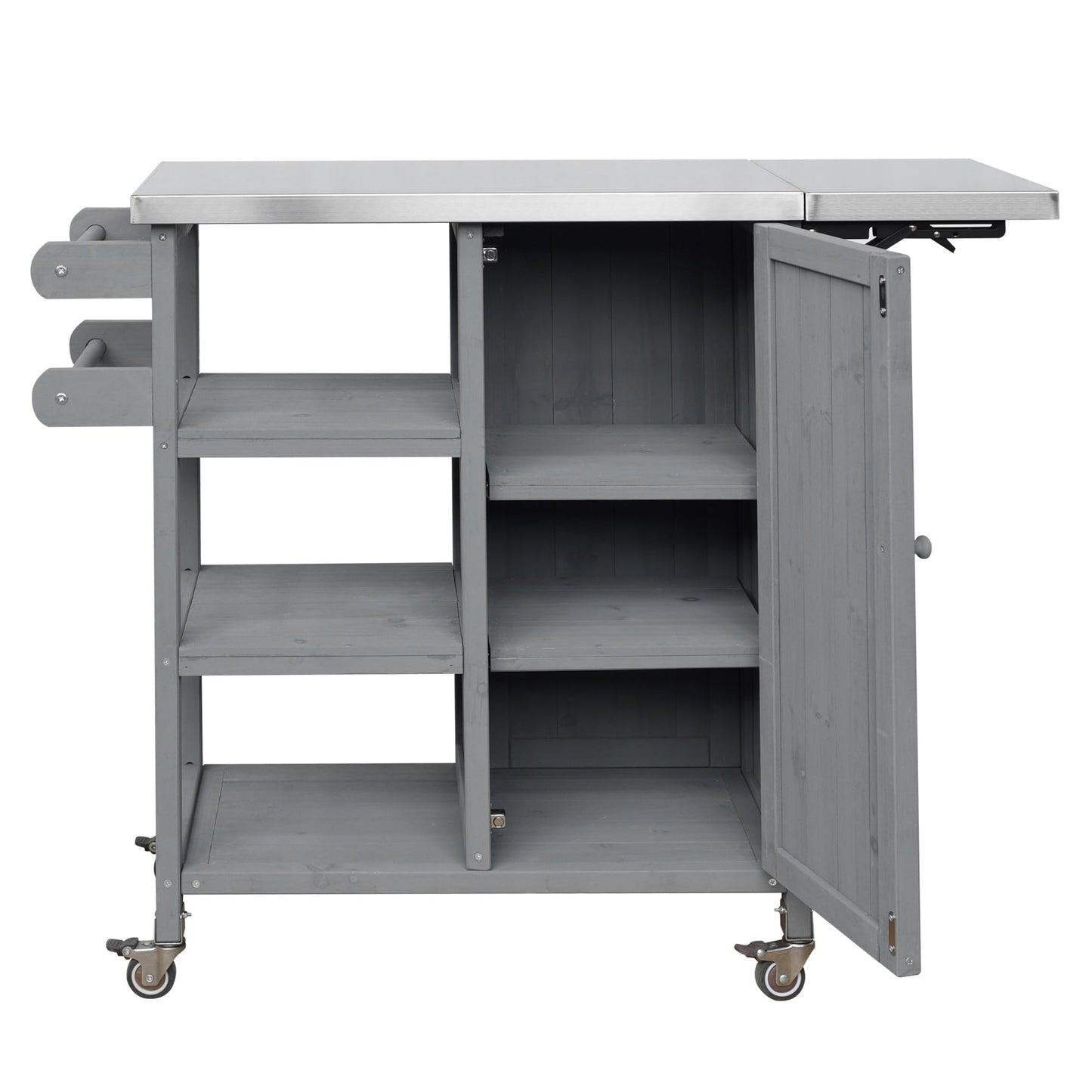 Foldable Outdoor Kitchen Island Cart with Stainless Steel Top, Rolling Grill Table with Storage Cabinet Shelves and Double Towel Rack, Wooden BBQ Prep Station with Lockable Wheels for Patio, Grey