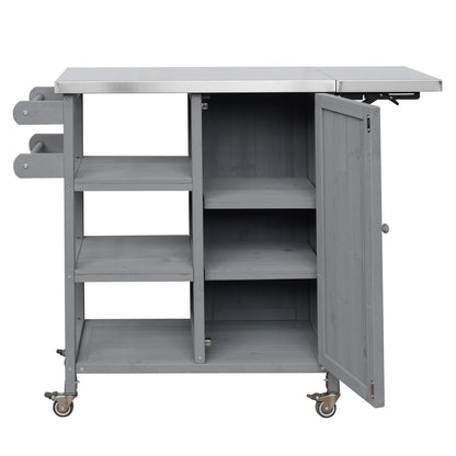 Foldable Outdoor Kitchen Island Cart with Stainless Steel Top, Rolling Grill Table with Storage Cabinet Shelves and Double Towel Rack, Wooden BBQ Prep Station with Lockable Wheels for Patio, Grey